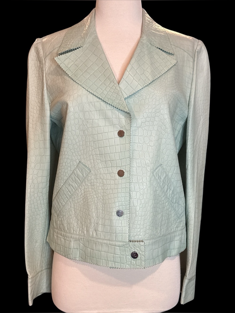 Vintage Emanuel Ungaro Mint Green Croc-Embossed Leather Jacket - Size 40/Small